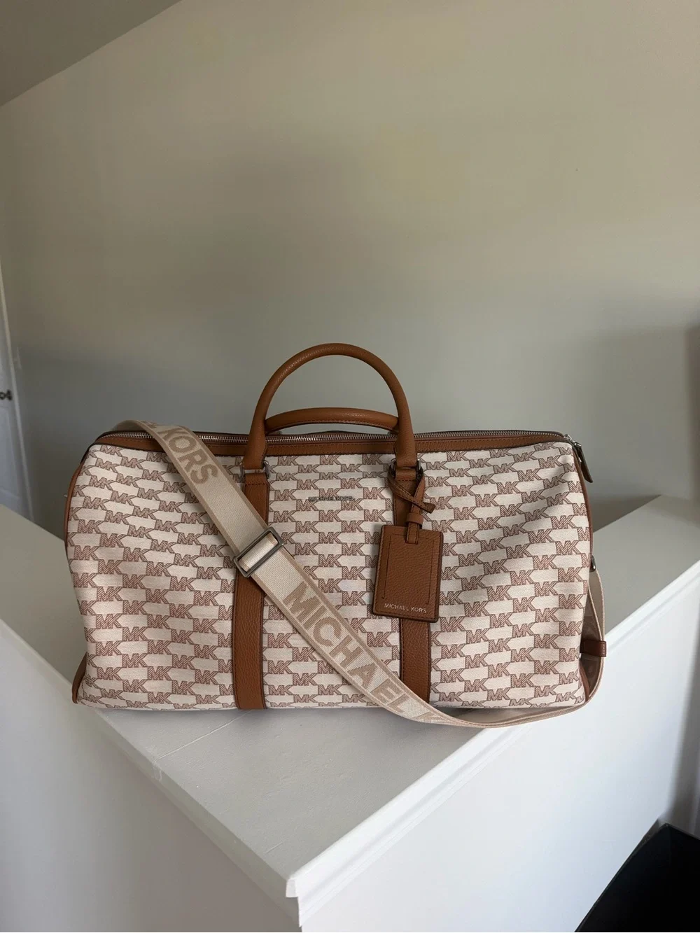 Michael Kors Cream & Brown Logo Duffel Bag with Branded Strap